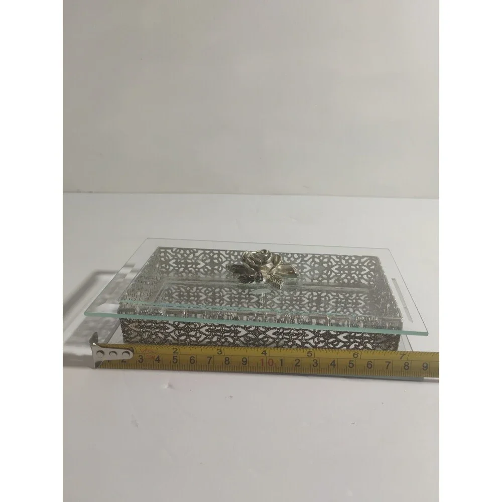 Vintage Studio Silversmiths Rose Filigree Beveled Glass Mirrored Jewelry Box